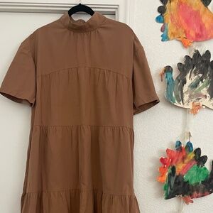 Everlane.  mock neck.  100% cotton.  cinnamon/tan/brown color.  Very cool.